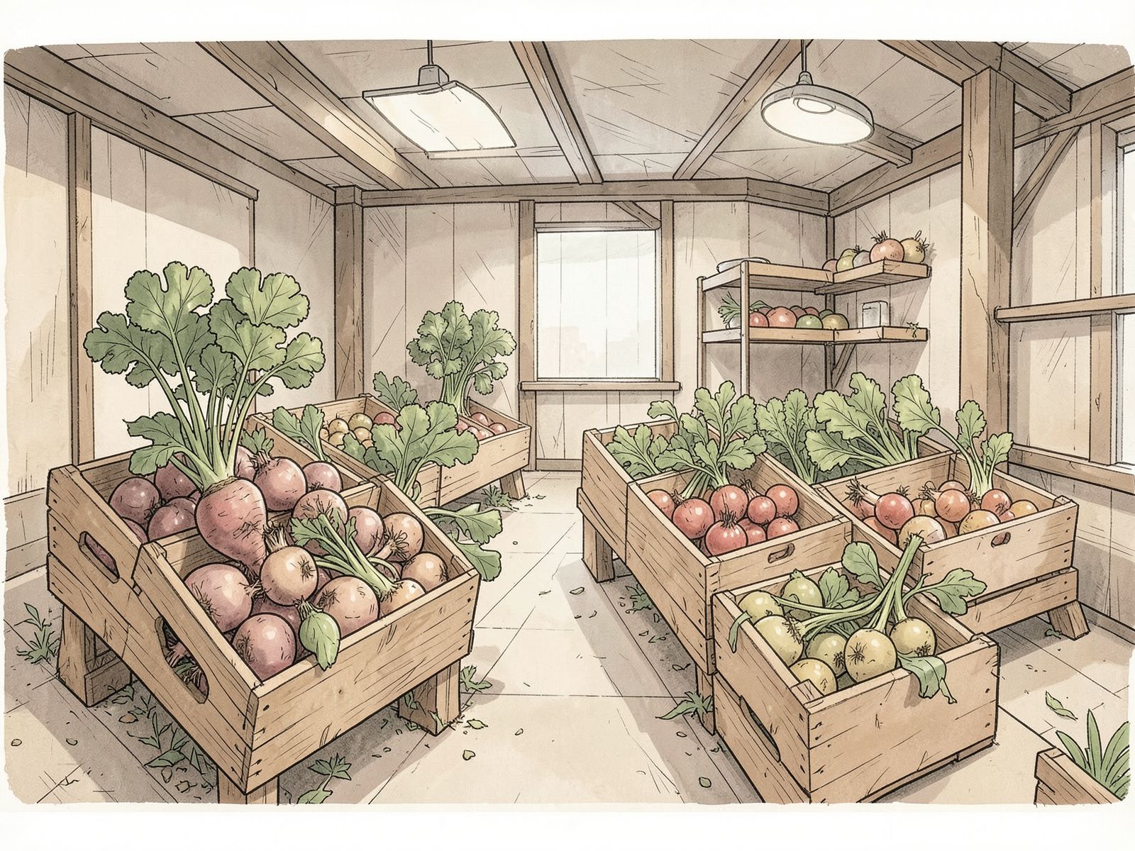 Čebula in česen v ločenih plitvih zabojih v prezračevanem skladiščnem prostoru. Ilustrativni prikaz, ustvarjen z umetno inteligenco.